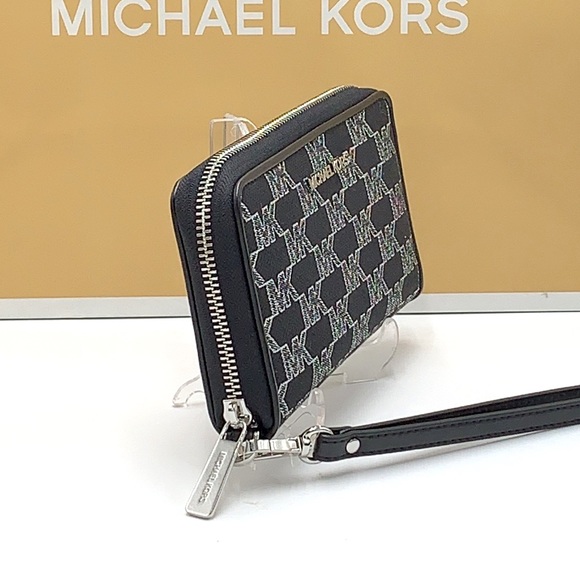 Michael Kors Jet Set Travel Large Phone Case Wristlet Wallet Black Glitter Multi - Picture 2 of 12